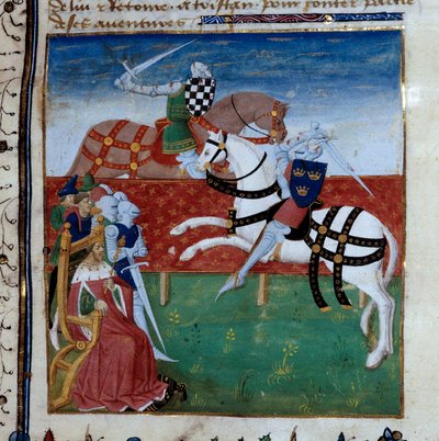 Ridderlijk toernooi tussen Tristan en Palamede. Miniatuur uit het manuscript 