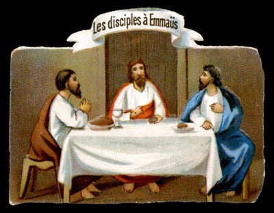 Christus redt de discipelen van Emmaüs. Chromolithografie uit de 19e eeuw door Unknown artist
