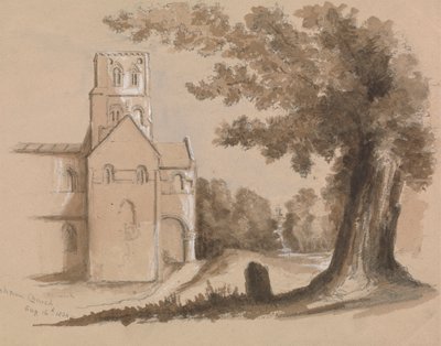 Kerk met boom en grafsteen op de voorgrond door Unknown artist