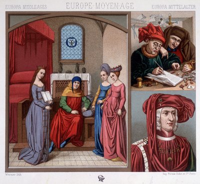 Burgerlijke kostuums in de Middeleeuwen in de 15e eeuw. Rechtsboven: geldwisselaars in Antwerpen. Rechtsonder: portret van Maximiliaan van Oostenrijk (1459-1519) naar Quentin Metzys. In 
