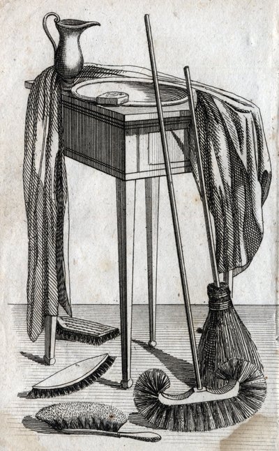 Schoonmaak- en reinigingsaccessoires: zeep, waskom, bezem en borstels. Gravure eind 18e eeuw. Privécollectie door Unknown artist