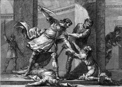 Clotaire (Clothaire) I (ca. 497-561) en Childebert I, de Frankische koningen, vermoordden twee zonen van hun broer Clodomir (495-524). Gravure uit de 18e eeuw door Unknown artist