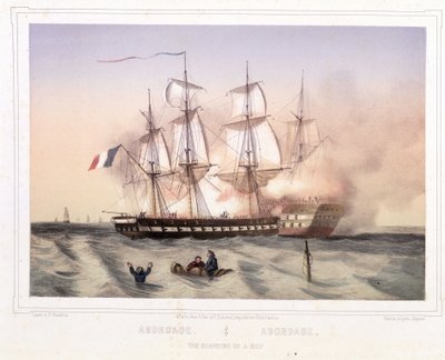 Botsing van een schip onder Franse vlag door piraten - lithografie door Unknown artist