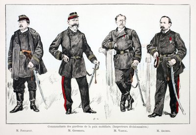 Commandanten van de gemobiliseerde vredeshandhavers (divisie-inspecteurs), van links naar rechts: Mr. Foucault, Mr. Giobergia, Mr. Vassal, Mr. Archer. Kleurenets, voor illustratie 