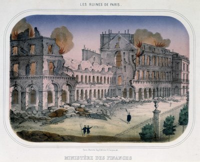 Commune van Parijs: Brand in het Ministerie van Financiën (ten tijde van de Tuilerieën) op 24 mei 1871. Gravure uit de 19e eeuw. door Unknown artist