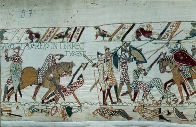 Verovering van Engeland door de hertog van Normandië Willem de Veroveraar (1027-1087) in 1066: de dood van koning Harold II door een pijl in het oog bij de slag bij Hastings (detail) door Unknown artist