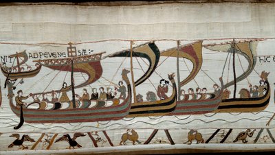 Verovering van Engeland door de Normandische hertog Willem de Veroveraar in 1066: de Normandische vloot nadert de Engelse kust bij Pevensey (detail) door Unknown artist
