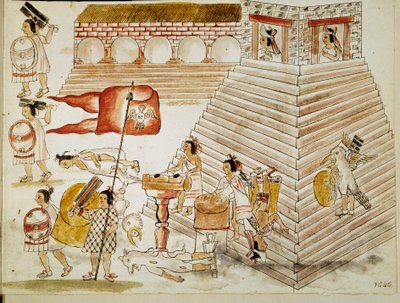 Verovering van Mexico: vernietiging van Tenochtitlan, hoofdstad van het Azteekse rijk, door de legers van de conquistador Hernan Cortes (Hernando Cortez) (1485-1547) op 24/06/1520. Miniatuur uit een manuscript door Unknown artist