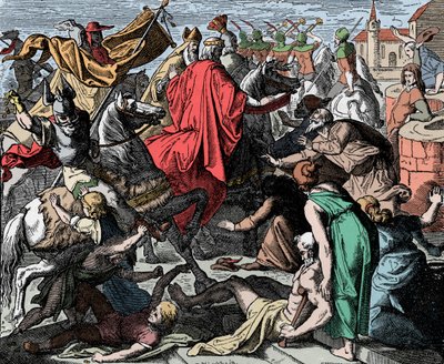 Conrad I de Jongere gaat naar zijn kroning - Conrad I van Germania (overleden 918) werd in 911 tot koning van West-Francië gekroond - Houtsnede door Carl Ferdinand Obermann door Unknown artist