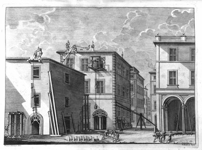 Bouwscène aan het begin van de 18e eeuw. Gravure uit een verhandeling van Nicola Zabaglia. door Unknown artist