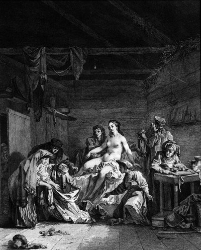 Controle van ontmaagding na het huwelijk van een maagd in Rusland. Gravure uit de 18e eeuw door Unknown artist