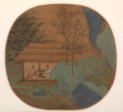 Gesprek in een hut met rieten dak door Unknown artist
