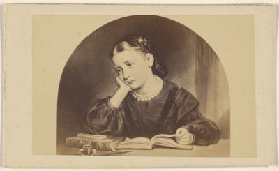 [Kopie van een schilderij van een neerslachtig kijkend jong meisje dat een boek leest aan een tafel]. door Unknown artist