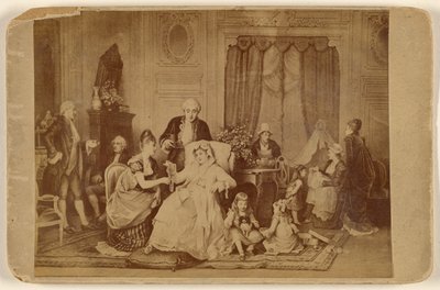 [Kopie van een onbekend kunstwerk: een zittende vrouw, met haar voet op een kussen, wordt bediend]. door Unknown artist