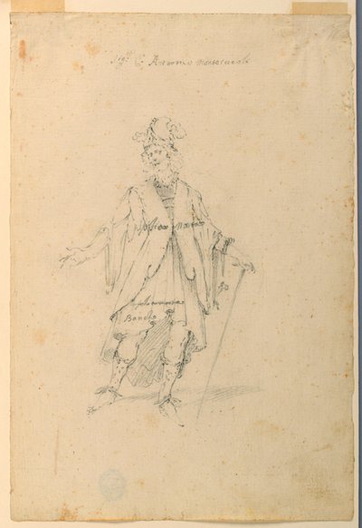 Kostuumontwerp: Een man in fantastische kleding voor een ballet door Unknown artist