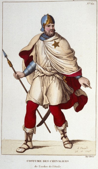 Kostuum van Ridder van de Orde van de Ster, opgericht door Jan II de Goede, in 1351. Gravure uit 1830 door Unknown artist