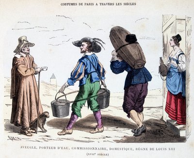 Kostuum van een blinde man, een waterdrager, een commissaris, een dienaar in de 17e eeuw tijdens het bewind van Lodewijk XIII. In Kostuums van Parijs door de eeuwen heen. door Unknown artist