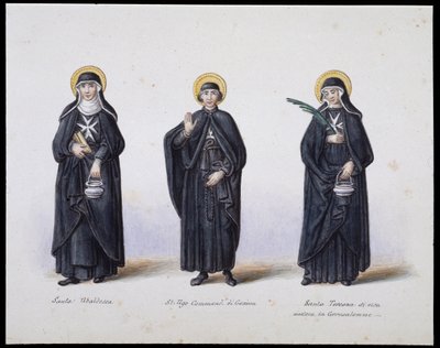 Kostuums: 1. Santa Ubaldesca, 2. St Ugo Commendant di Genova, 3. Santa Toscana di vita. 19e eeuw door Unknown artist