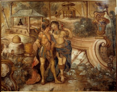 Koppel een vrouw met een Indiaan voor een suikerplantage in West-Indië. Anoniem schilderij door Unknown artist