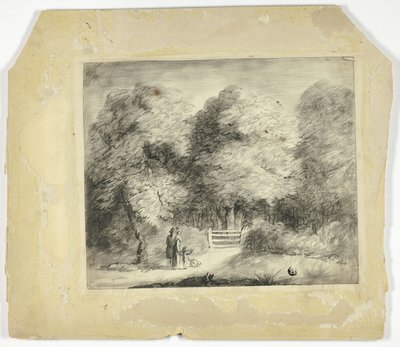 Koppel met kind en hond bij ingang van park door Unknown artist