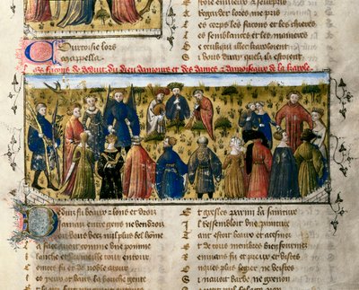 Hofvermaak: dansen en spelen. De scène vindt plaats in aanwezigheid van de goden van Liefde, Schoonheid, Bevrijding, Franchise, Hoffelijkheid en Jeugd. Miniatuur uit "De Roman van de Roos". door Unknown artist