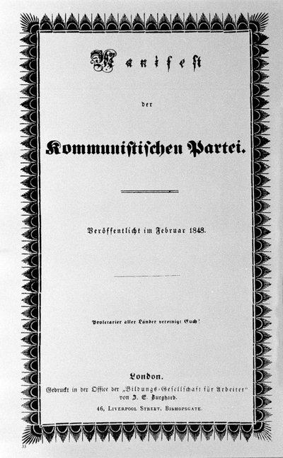 Omslag van het Communistisch Manifest door Karl Marx en Friedrich Engels, eerste editie, Londen 1848 (30 pagina