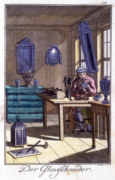 Ambacht: de kristalmaker in zijn werkplaats. In "Uitgebreide beschrijving van kunsten en ambachten en werkplaatsen voor jongeren" door Johan Peter Vue. Ed. Neurenberg, Weigel en Schneider door Unknown artist