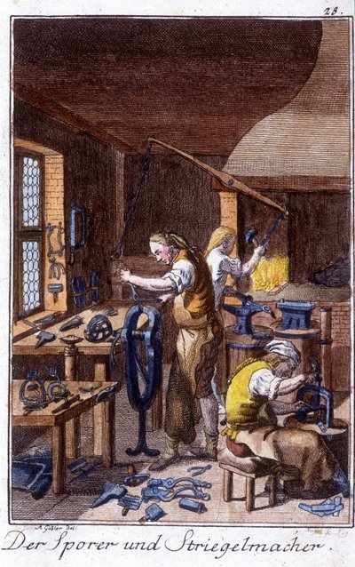 Ambacht: de spoor, de fabrikant van krimpborstels in hun werkplaats. In "Uitgebreide beschrijving van kunsten en ambachten en werkplaatsen voor jongeren" door Johan Peter Vire. Ed. Neurenberg, Weigel en Schneider door Unknown artist