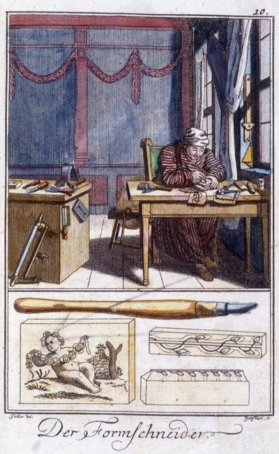 Ambacht: de houtgraveur (en zijn werktuigen) in zijn werkplaats. In 