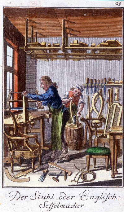 Ambachten: de stoelenmaker in zijn werkplaats. In 