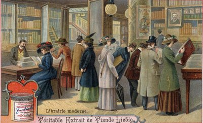 Klanten en boekverkoper in een moderne boekhandel, eind 19e eeuw. Chromolithografie, Liebig afbeelding door Unknown artist
