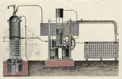 Snijden van het industriële apparaat van Ferdinand Carre (1824-1894) om ijs te maken. Gravure uit de 19e eeuw door Unknown artist