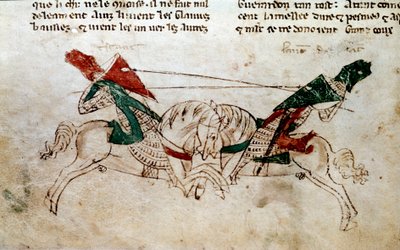 Cyclus van Koning Arthur: Slag van Lancelot en Tristan. Miniatuur uit De roman van Meliadus de Leonnoys: samen met verschillende andere nobele daden van ridder gedaan door Koning Arthur, Palamedes en Galliot de Pre door Rustichello door Unknown artist