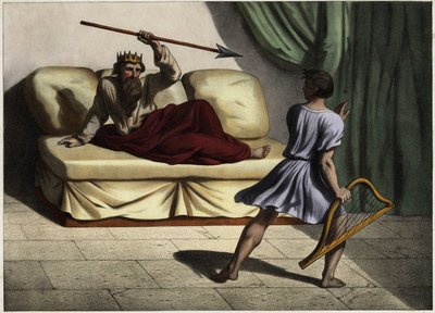 David speelt de cither voor koning Saul om hem te kalmeren. Anonieme gravure uit het midden van de 19e eeuw door Unknown artist
