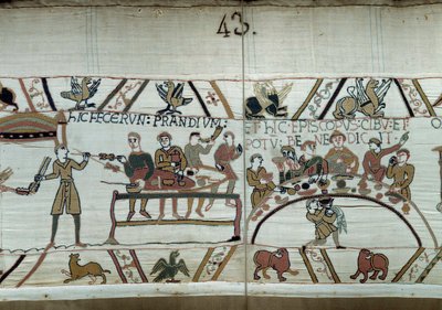 Aankomst in Engeland, de troepen van Willem de Veroveraar (1027-1087) houden een feest terwijl ze wachten om te vechten tegen de Saksische wapens van Harold II. Guillaume is omringd door baronnen en de bisschop Odon (detail) door Unknown artist