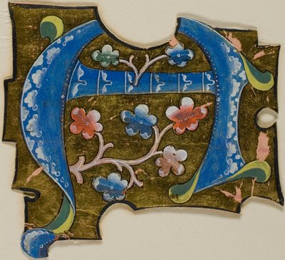Versierde initiaal "A" in blauw met bladeren uit een manuscript door Unknown artist