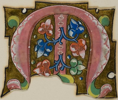 Versierde initiaal "M" in roze met conventionele bladeren uit een koorboek door Unknown artist