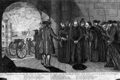 Deportatie van de Jezuïeten op 21/07/1773: Uitdrijving van Jezuïeten uit de staten van de Koning van Spanje, Napels en het Hertogdom Parma, hun Ordes verboden in Frankrijk en Portugal. Gravure uit het begin van de 19e eeuw door Unknown artist