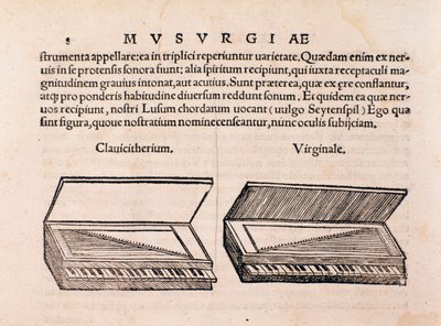 Beschrijving van Klavecimbel en spinet. Pagina uit Musurgia seu praxis musicae door Unknown artist