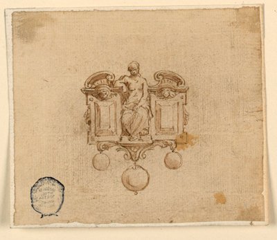 Ontwerp voor broche met vrouw in gebroken fronton door Unknown artist