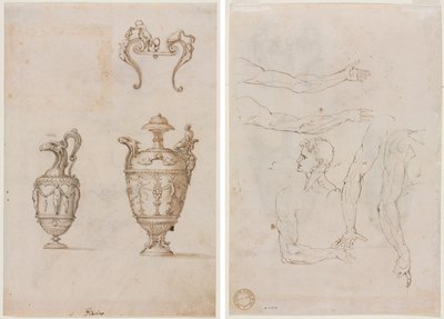 Ontwerp voor twee vazen en een ornament (recto); Schetsen van vijf armen en een hoofd (verso) door Unknown artist