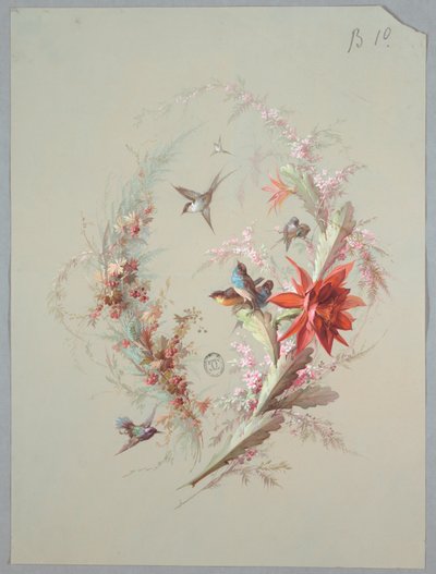 Ontwerp voor Behang en Textiel: Bloemen en Vogels door Unknown artist