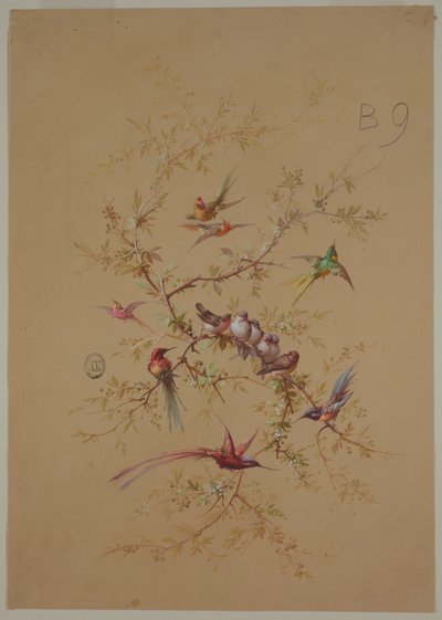 Ontwerp voor Behang en Textiel: Bloemen en Vogels door Unknown artist
