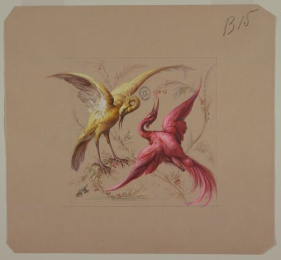 Ontwerp voor behang en textiel: Bloemen en vogels door Unknown artist