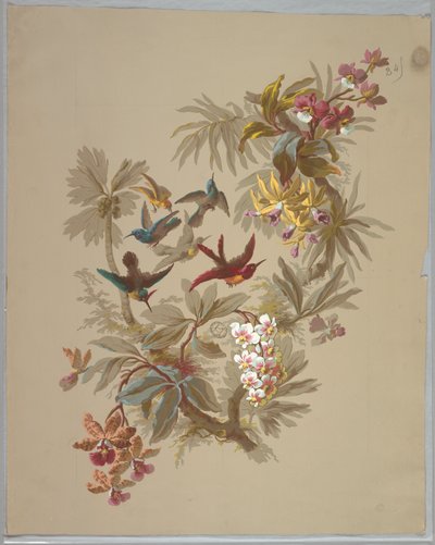 Ontwerp voor behang en textiel: bloemen en vogels door Unknown artist