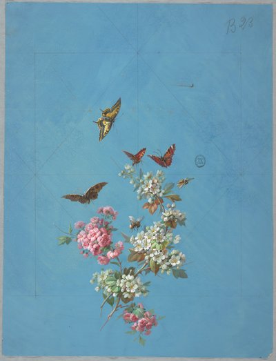 Ontwerp voor behang en textiel: Bloemen en vlinders door Unknown artist