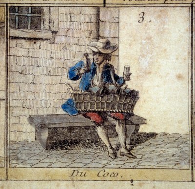 Detail van het ganzenbordspel van de Cree van Parijs: de kokosnootverkoper (verkoop van snuisterijen). Gravure uit de 18e eeuw door Unknown artist