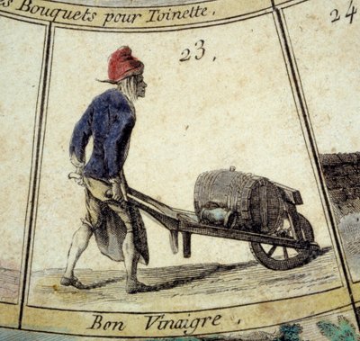 Detail van het spel van de Cree van Parijs gans: azijnhandelaar. Gravure uit de 18e eeuw. Coll. Leaving door Unknown artist
