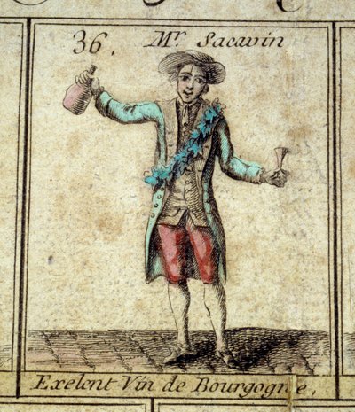 Detail van het ganzenbordspel van de Cree van Parijs: meneer Sacavin, wijndrinker uit Bourgogne. Gravure uit de 18e eeuw door Unknown artist