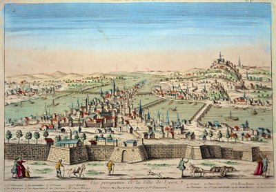 Detailweergave van de stad Lyon aan de oevers van de Rhône en de Saône. Gravure uit de 17e eeuw Parijs B.N. door Unknown artist